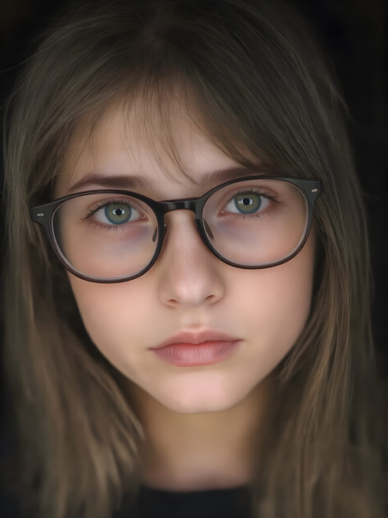 portrait from a stunningly beautiful young nerd girl, wearing a large, dark prescription glasses, age 15, with ((brown long straight jet hair (luminous)), flowing down to her waist, and (((bright amber eyes))), that match perfectly with her flawless complexion. She's dressed in a tight ((wool sweater)), perfectly complemented by her (perfectly proportioned figure). Her look exudes seduction and playfulness, as she gazes directly at the viewer. Her focus on the camera is intense, with a soft, inviting expression that draws you in. The background is black, providing a perfect contrast to her youthful face, and making her features stand out perfectly.