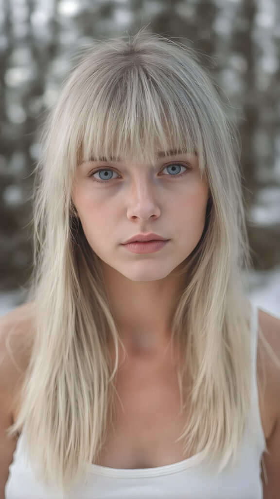 portrait from a silver skinned young girl with white soft long straight hair, bangs cut, white dressed in a tank top, in snow, forest