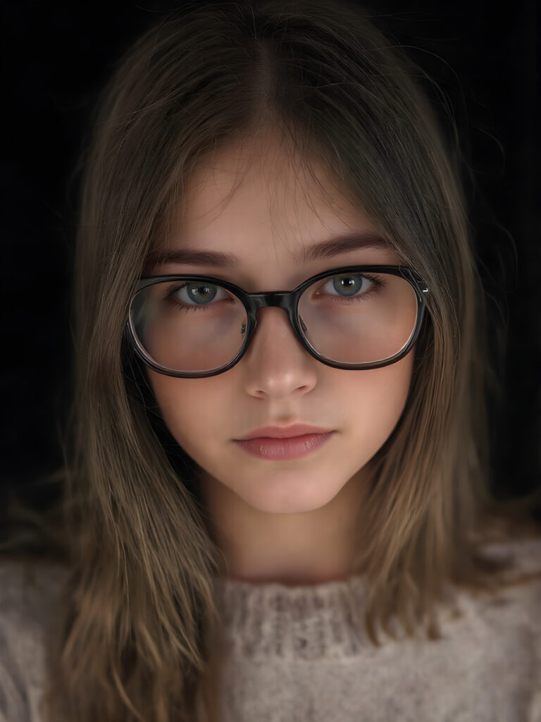 portrait from a stunningly beautiful young nerd girl, wearing a large, dark prescription glasses, age 15, with ((brown long straight jet hair (luminous)), flowing down to her waist, and (((bright amber eyes))), that match perfectly with her flawless complexion. She's dressed in a tight ((wool sweater)), perfectly complemented by her (perfectly proportioned figure). Her look exudes seduction and playfulness, as she gazes directly at the viewer. Her focus on the camera is intense, with a soft, inviting expression that draws you in. The background is black, providing a perfect contrast to her youthful face, and making her features stand out perfectly.