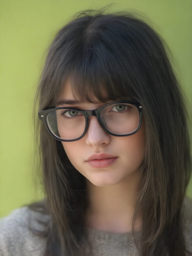 portrait from a stunningly beautiful young nerd girl, wearing a large, dark prescription glasses, age 15, with ((black long straight jet super soft hair (luminous)), flowing down to her waist, and (((bright amber eyes))), that match perfectly with her flawless complexion. She's dressed in a tight ((wool sweater)), perfectly complemented by her (perfectly proportioned figure). Her look exudes seduction and playfulness, as she gazes directly at the viewer, all against a sunny green backdrop