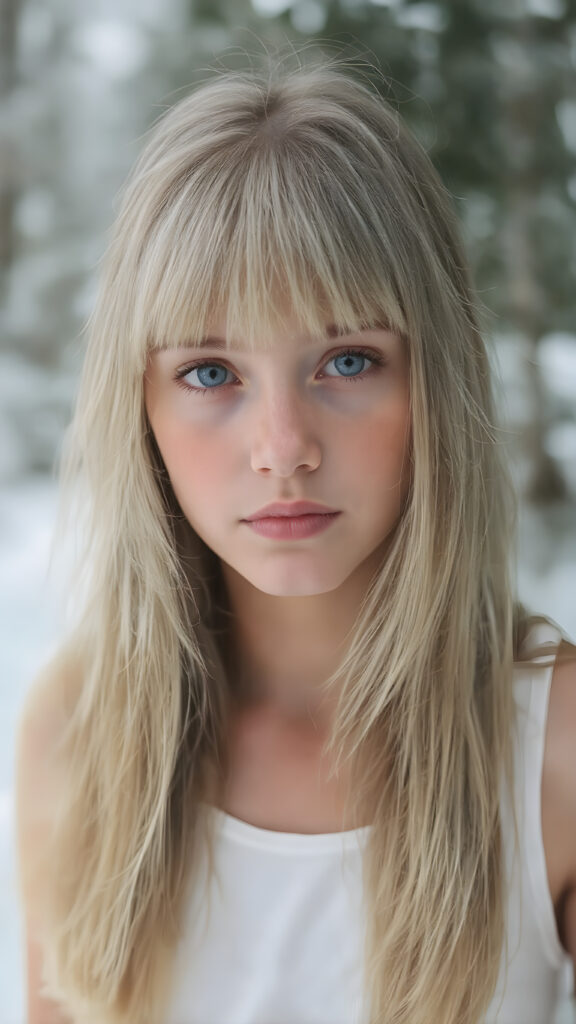 portrait from a silver skinned young girl with white soft long straight hair, bangs cut, white dressed in a tank top, in snow, forest