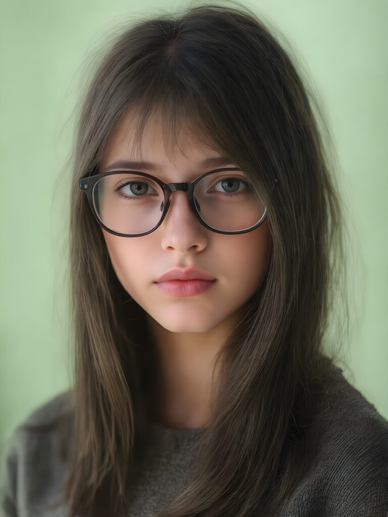 portrait from a stunningly beautiful young nerd girl, wearing a large, dark prescription glasses, age 15, with ((black long straight jet super soft hair (luminous)), flowing down to her waist, and (((bright amber eyes))), that match perfectly with her flawless complexion. She's dressed in a tight ((wool sweater)), perfectly complemented by her (perfectly proportioned figure). Her look exudes seduction and playfulness, as she gazes directly at the viewer, all against a sunny green backdrop