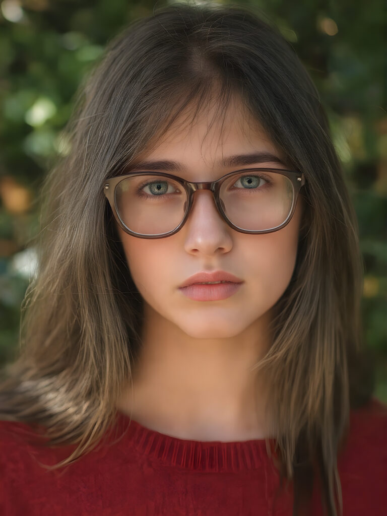 portrait from a stunningly beautiful young nerd girl, wearing a large, dark prescription glasses, age 15, with ((black long straight jet super soft hair (luminous)), flowing down to her waist, and (((bright amber eyes))), that match perfectly with her flawless complexion. She's dressed in a tight ((wool sweater)), perfectly complemented by her (perfectly proportioned figure). Her look exudes seduction and playfulness, as she gazes directly at the viewer, all against a sunny green backdrop