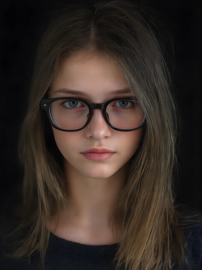 portrait from a stunningly beautiful young nerd girl, wearing a large, dark prescription glasses, age 15, with ((brown long straight jet hair (luminous)), flowing down to her waist, and (((bright amber eyes))), that match perfectly with her flawless complexion. She's dressed in a tight ((wool sweater)), perfectly complemented by her (perfectly proportioned figure). Her look exudes seduction and playfulness, as she gazes directly at the viewer. Her focus on the camera is intense, with a soft, inviting expression that draws you in. The background is black, providing a perfect contrast to her youthful face, and making her features stand out perfectly.