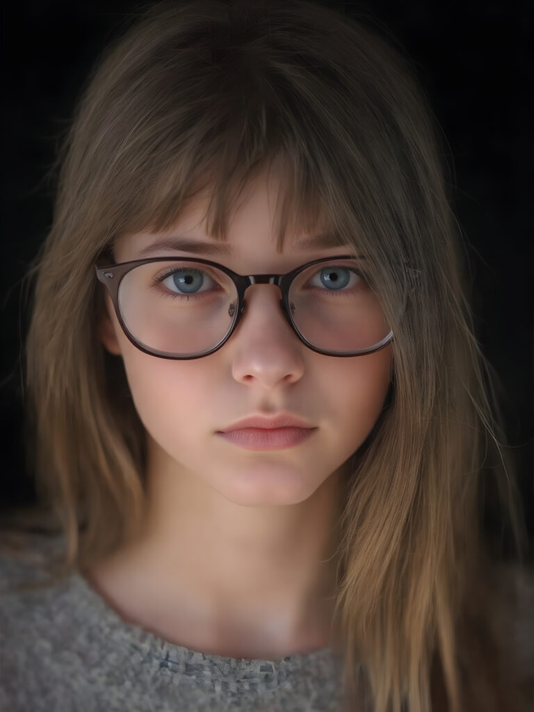 portrait from a stunningly beautiful young nerd girl, wearing a large, dark prescription glasses, age 15, with ((brown long straight jet hair (luminous)), flowing down to her waist, and (((bright amber eyes))), that match perfectly with her flawless complexion. She's dressed in a tight ((wool sweater)), perfectly complemented by her (perfectly proportioned figure). Her look exudes seduction and playfulness, as she gazes directly at the viewer. Her focus on the camera is intense, with a soft, inviting expression that draws you in. The background is black, providing a perfect contrast to her youthful face, and making her features stand out perfectly.