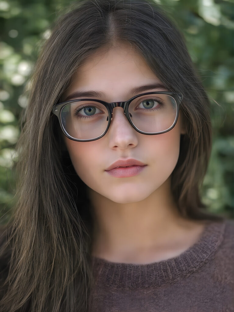 portrait from a stunningly beautiful young nerd girl, wearing a large, dark prescription glasses, age 15, with ((black long straight jet super soft hair (luminous)), flowing down to her waist, and (((bright amber eyes))), that match perfectly with her flawless complexion. She's dressed in a tight ((wool sweater)), perfectly complemented by her (perfectly proportioned figure). Her look exudes seduction and playfulness, as she gazes directly at the viewer, all against a sunny green backdrop