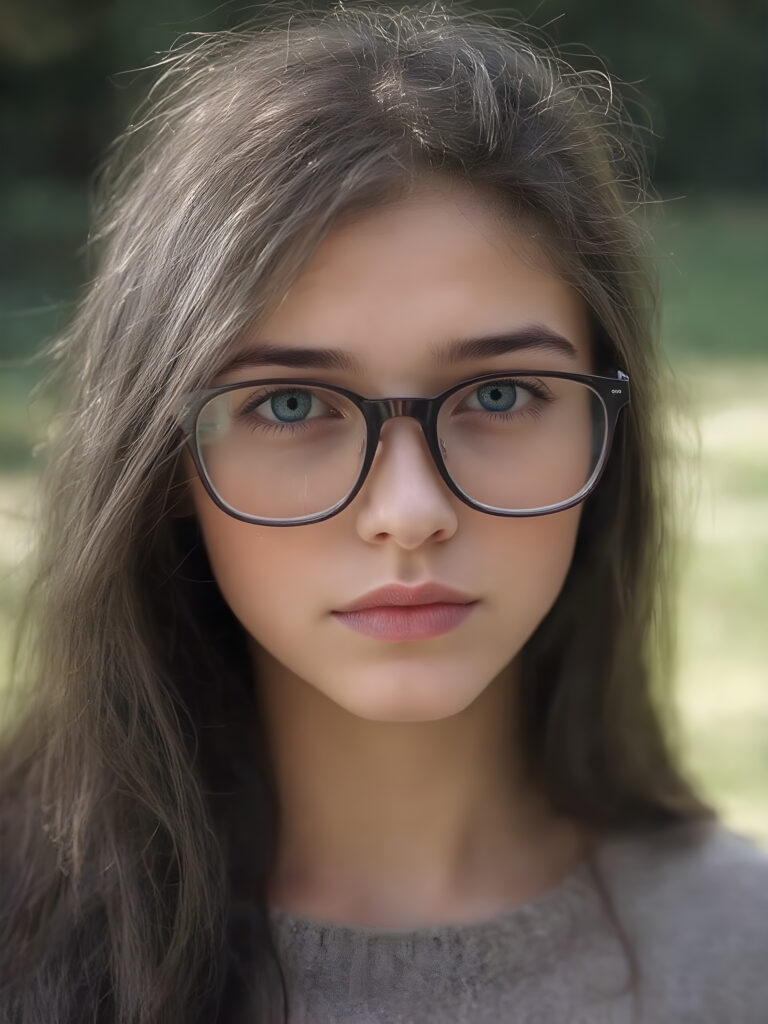 portrait from a stunningly beautiful young nerd girl, wearing a large, dark prescription glasses, age 15, with ((black long straight jet super soft hair (luminous)), flowing down to her waist, and (((bright amber eyes))), that match perfectly with her flawless complexion. She's dressed in a tight ((wool sweater)), perfectly complemented by her (perfectly proportioned figure). Her look exudes seduction and playfulness, as she gazes directly at the viewer, all against a sunny green backdrop