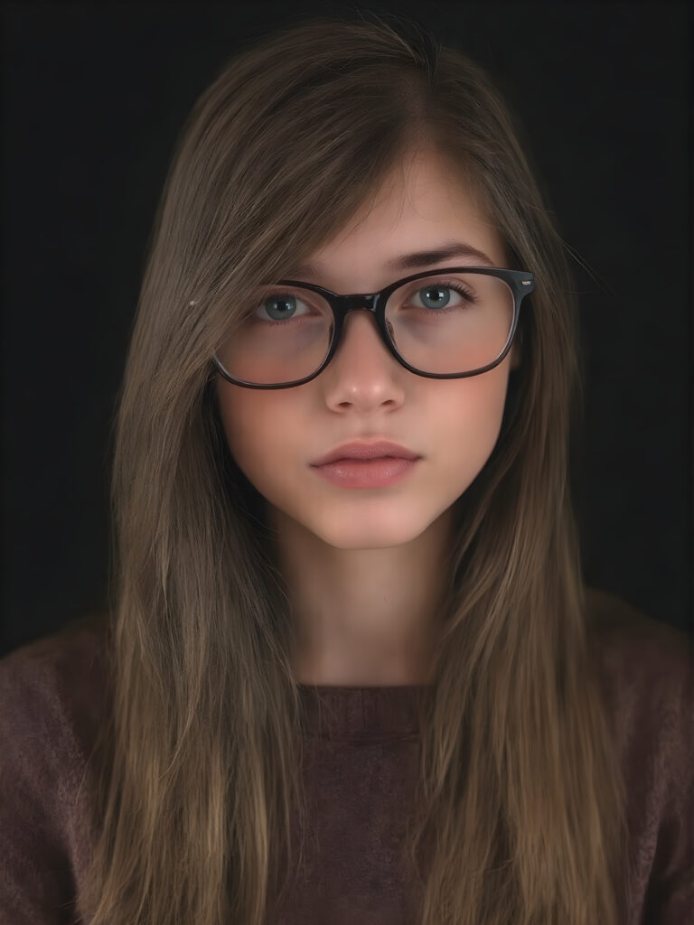 portrait from a stunningly beautiful young nerd girl, wearing a large, dark prescription glasses, age 15, with ((brown long straight jet hair (luminous)), flowing down to her waist, and (((bright amber eyes))), that match perfectly with her flawless complexion. She's dressed in a tight ((wool sweater)), perfectly complemented by her (perfectly proportioned figure). Her look exudes seduction and playfulness, as she gazes directly at the viewer. Her focus on the camera is intense, with a soft, inviting expression that draws you in. The background is black, providing a perfect contrast to her youthful face, and making her features stand out perfectly.