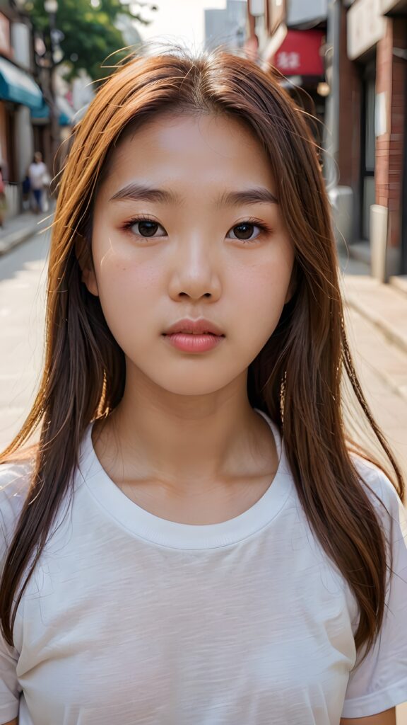 portrait from a (((beautiful little korean girl))) with glowing white skin and rosy cheek, wearing a thin white t-shirt, long, flowing (((straight light brown hair))), and a ((small mouth)) with rosy lips, looking puzzled and lost in the street, as if wondering where she is going