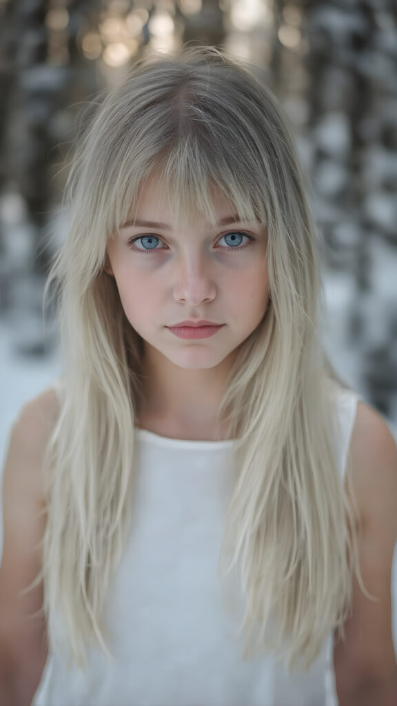 portrait from a silver skinned young girl with white soft long straight hair, bangs cut, white dressed in a tank top, in snow, forest