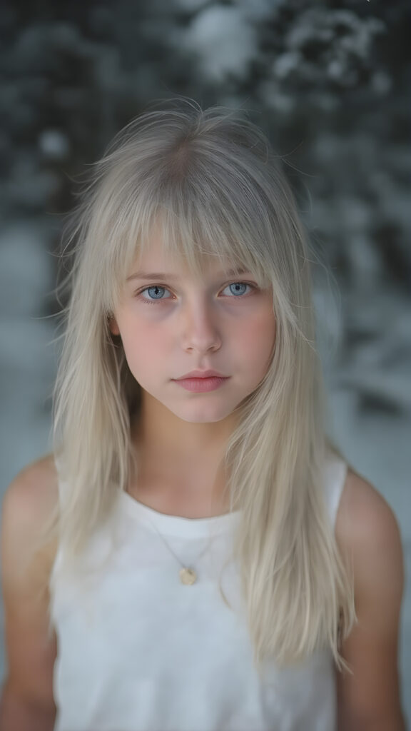 portrait from a silver skinned young girl with white soft long straight hair, bangs cut, white dressed in a tank top, in snow, forest