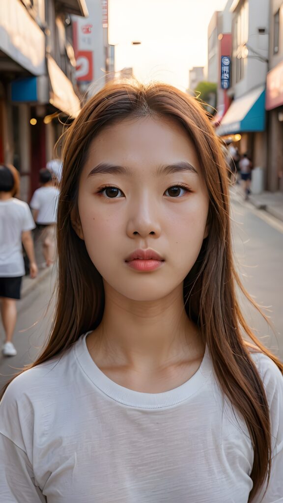 portrait from a (((beautiful little korean girl))) with glowing white skin and rosy cheek, wearing a thin white t-shirt, long, flowing (((straight light brown hair))), and a ((small mouth)) with rosy lips, looking puzzled and lost in the street, as if wondering where she is going