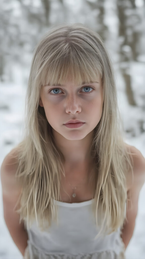 portrait from a silver skinned young girl with white soft long straight hair, bangs cut, white dressed in a tank top, in snow, forest