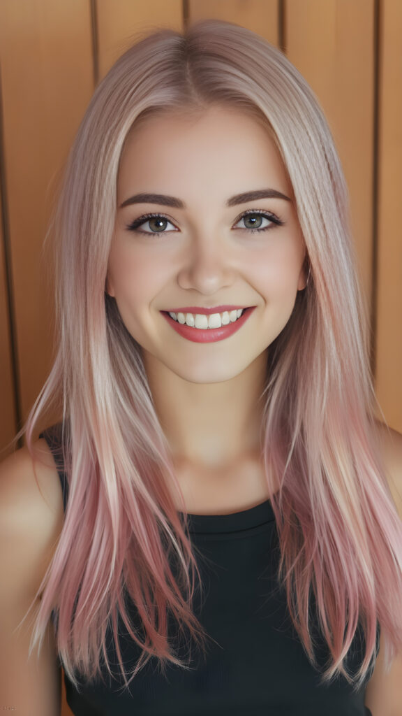 portrait, full body, warm tones, cute girl, stunning, gorgeous, she smile very happy and has long, straight soft light pink hair, cropped tank top