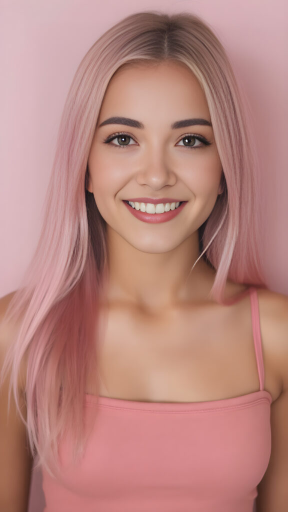 portrait, full body, warm tones, cute girl, stunning, gorgeous, she smile very happy and has long, straight soft light pink hair, cropped tank top