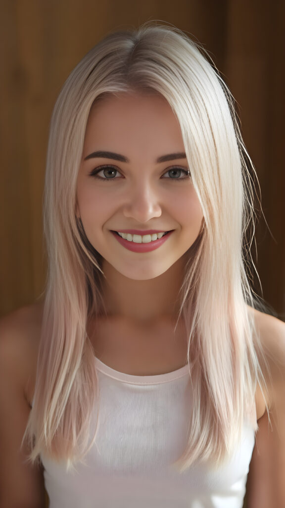 portrait, full body, warm tones, cute girl, stunning, gorgeous, she smile very happy and has long, straight soft light pink hair, cropped tank top