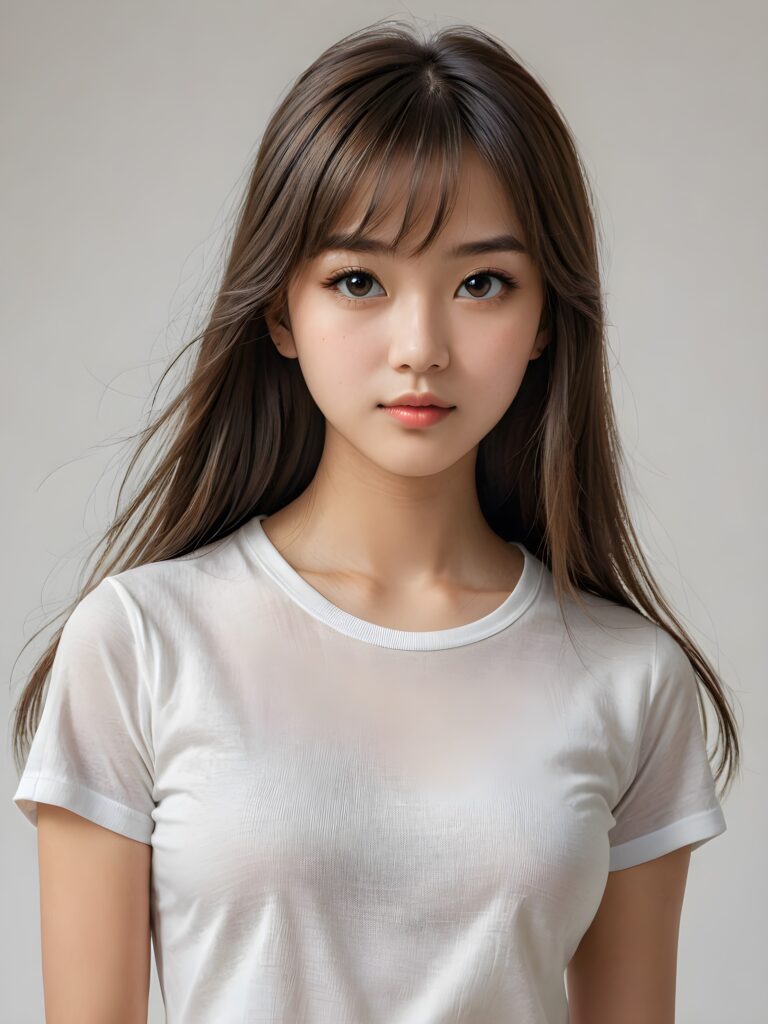 ((portrait)) of (((cute))) (((elegant))) ((attractive)) (((long, straight hair))) ((stunning)) ((pencil drawing)) a beautifully realistic, cinematic lights, Asian teen girl, 15 years old, bangs cut, realistic detailed angelic round face, ((realistic detailed eye)) looks sadly at the camera, portrait shot, perfect curved body, (wears a super short tight (white t-shirt) made on thin silk), perfect anatomy, white background, side perspective, ((no background))