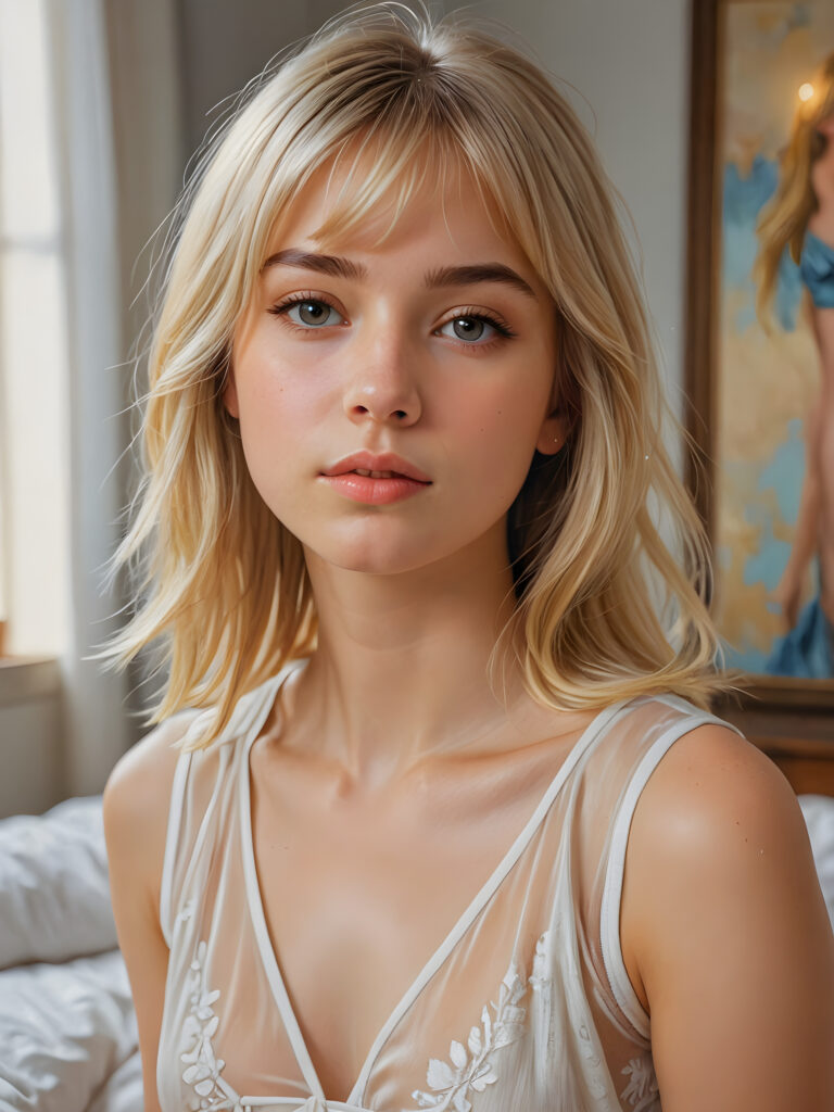 ((portrait)) of (((cute))) (((elegant))) ((attractive)) (((straight blond hair))) ((stunning)) a beautifully realistic, cinematic lights, ((teen girl)), 16 years old, getting ready for bed in a short, translucent low cut nightgown, bangs cut, realistic detailed angelic round face, looks tired at the camera