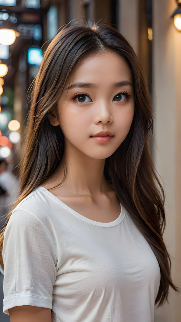 ((portrait)) of (((cute))) (((elegant))) ((attractive)) (((long, straight hair))) ((stunning)) a beautifully realistic, cinematic lights, Asian teen girl, 15 years old, realistic detailed angelic round face, ((realistic detailed eye)) looks sadly at the camera, perfect curved body, (wears a super short tight (white t-shirt) made on thin silk), perfect anatomy, side perspective