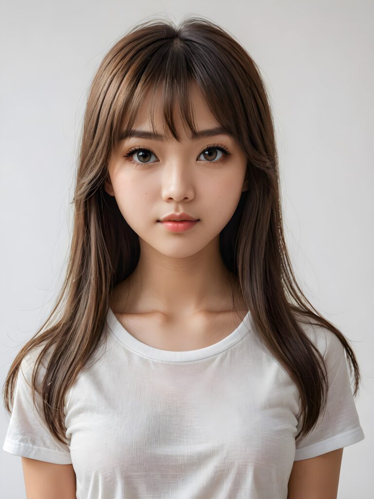 ((portrait)) of (((cute))) (((elegant))) ((attractive)) (((long, straight hair))) ((stunning)) ((pencil drawing)) a beautifully realistic, cinematic lights, Asian teen girl, 15 years old, bangs cut, realistic detailed angelic round face, ((realistic detailed eye)) looks sadly at the camera, portrait shot, perfect curved body, (wears a super short tight (white t-shirt) made on thin silk), perfect anatomy, white background, side perspective, ((no background))