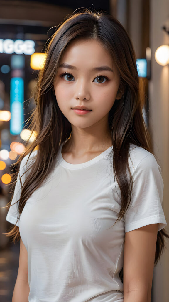 ((portrait)) of (((cute))) (((elegant))) ((attractive)) (((long, straight hair))) ((stunning)) a beautifully realistic, cinematic lights, Asian teen girl, 15 years old, realistic detailed angelic round face, ((realistic detailed eye)) looks sadly at the camera, perfect curved body, (wears a super short tight (white t-shirt) made on thin silk), perfect anatomy, side perspective