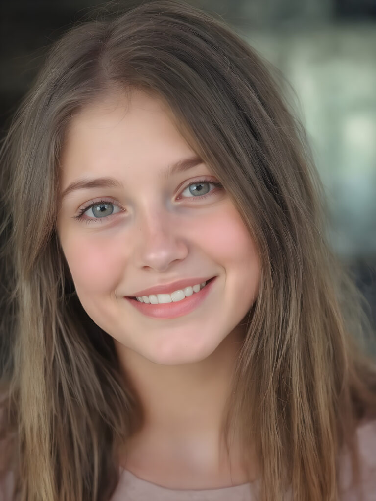 portrait of a beautiful girl, 18 years old, with soft, gentle and straight brown hair. Round, flawless face with large eyes and full, plump lips. She smiles and has white teeth. She is wearing a T-shirt and has a perfect body.