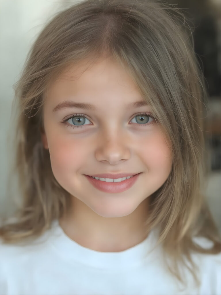 portrait of a beautiful girl with soft, gentle and straight brown hair. Round, flawless face with large eyes and full, plump lips. She smiles and has white teeth. She is wearing a T-shirt and has a perfect body.