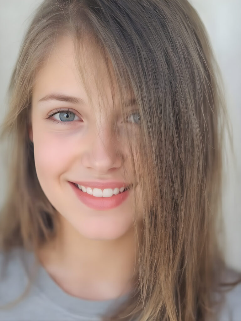 portrait of a beautiful girl, 18 years old, with soft, gentle and straight brown hair. Round, flawless face with large eyes and full, plump lips. She smiles and has white teeth. She is wearing a T-shirt and has a perfect body.