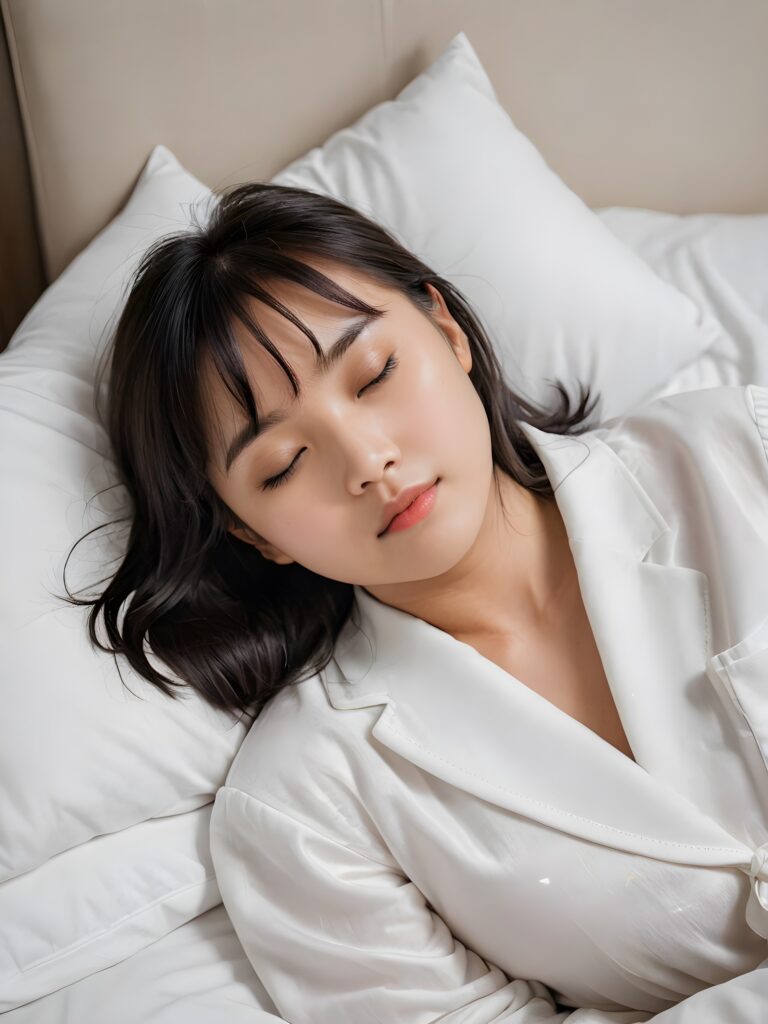 portrait of a cute sleeping Asian girl, black straight hair, bangs cut, white night suit, closed eyes, in an comfortable bed