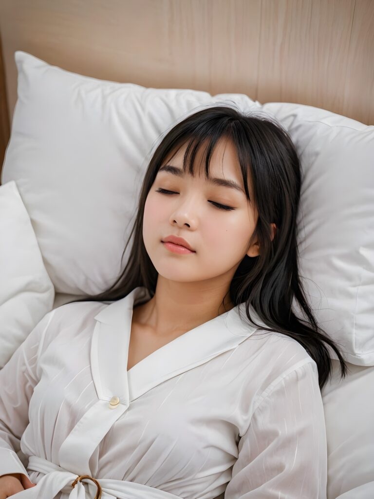 portrait of a cute sleeping Asian girl, black straight hair, bangs cut, white night suit, closed eyes, in an comfortable bed