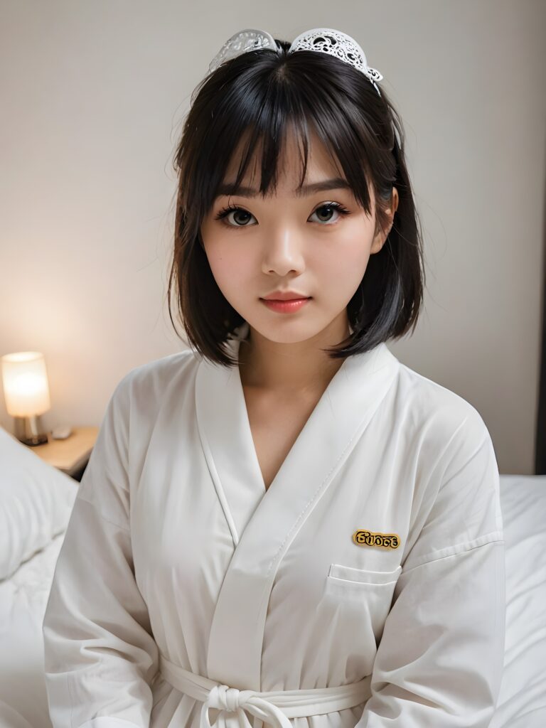 portrait of a cute Asian girl, black straight hair, bangs cut, white night suit