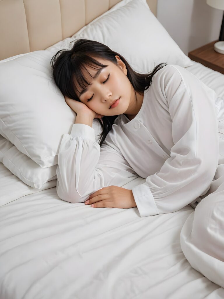 portrait of a cute sleeping Asian girl, black straight hair, bangs cut, white night suit, closed eyes, in an comfortable bed