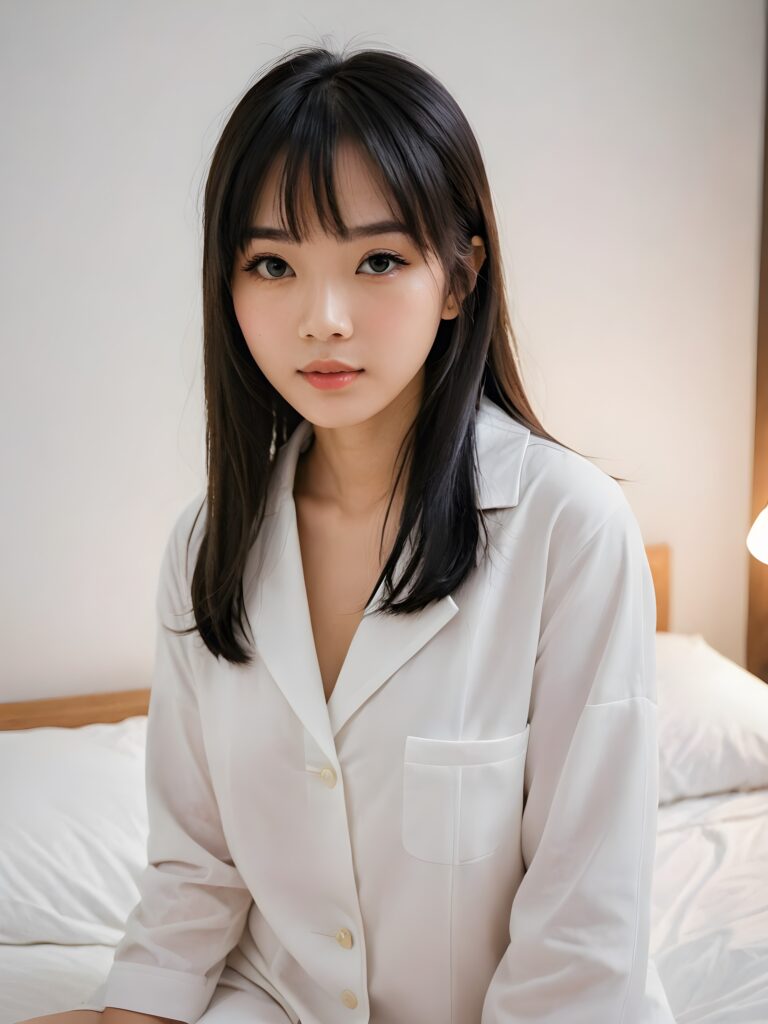 portrait of a cute Asian girl, black straight hair, bangs cut, white night suit