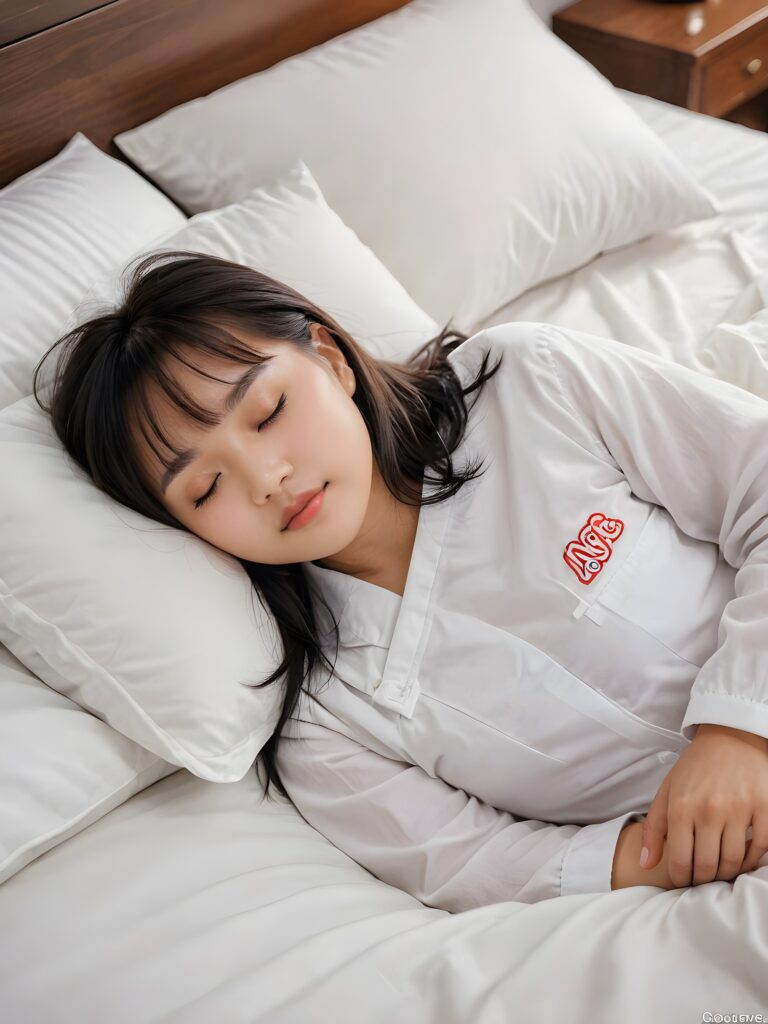 portrait of a cute sleeping Asian girl, black straight hair, bangs cut, white night suit, closed eyes, in an comfortable bed