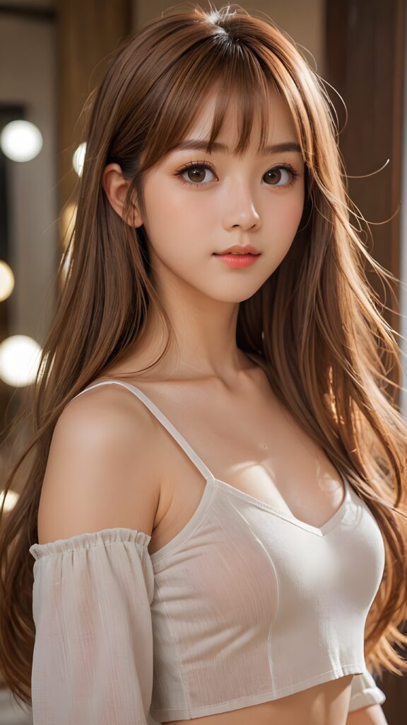 ((portrait)) of (((cute))) (((elegant))) ((attractive)) (((long, straight hazelnut hair))) ((stunning)) a beautifully realistic, cinematic lights, Japanese teen girl, 15 years old, bangs cut, realistic detailed angelic round face, ((realistic detailed hazelnut eye)) looks sadly at the camera, portrait shot, perfect curved body, (wears a super short tight (crop top) made on thin silk), perfect anatomy, side perspective