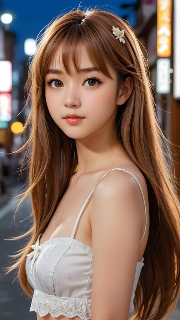 ((portrait)) of (((cute))) (((elegant))) ((attractive)) (((long, straight hazelnut hair))) ((stunning)) a beautifully realistic, cinematic lights, Japanese teen girl, 15 years old, bangs cut, realistic detailed angelic round face, ((realistic detailed hazelnut eye)) looks sadly at the camera, portrait shot, perfect curved body, (wears a super short tight (crop top) made on thin silk), perfect anatomy, side perspective