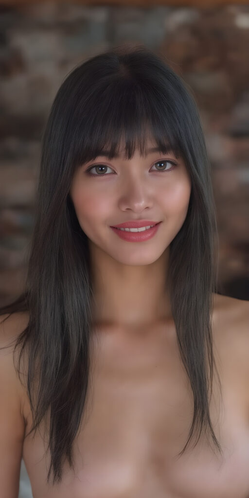 ((portrait)) of a (((beautiful))) ((cute)) ((tanned)) Asian girl, very long jet black soft hair, (bangs), ((plump red lips)), (((seductive look))), ((thick thighs)), ((perfect curvy body)), ((short cropped tank top with wide open front)), ((cheerful smile)), ((face illuminated)), (((looking into the camera)))