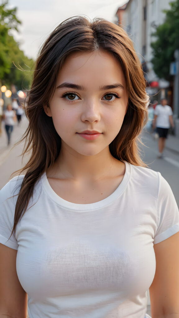 ((portrait)), realistic and detailed, young teen girl, perfect curved body, well busty, white no printed t-shirt