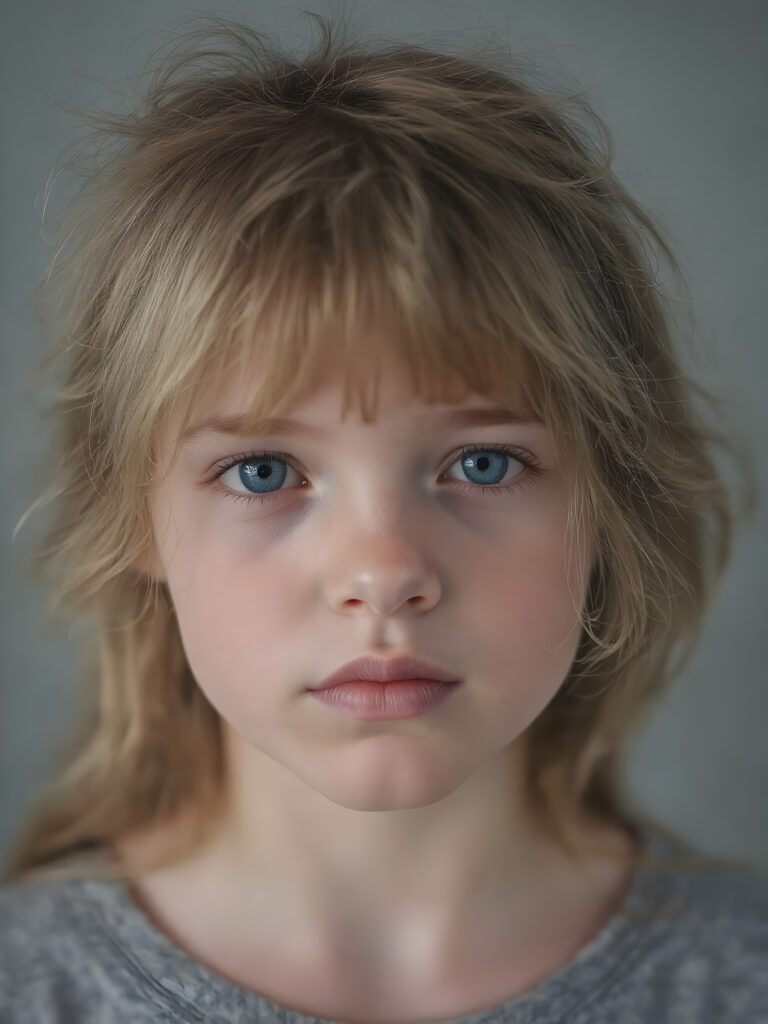 portrait shot, a innocent teen girl with a round face, tousled, frizzy long copper hair, full lips and deep blue eyes, super realistic face, grey backdrop