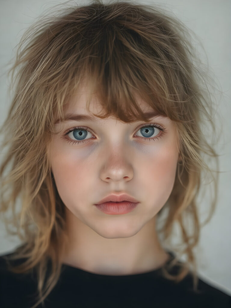 portrait shot, a innocent teen girl with a round face, tousled, frizzy long copper hair, full lips and deep blue eyes, super realistic face, grey backdrop