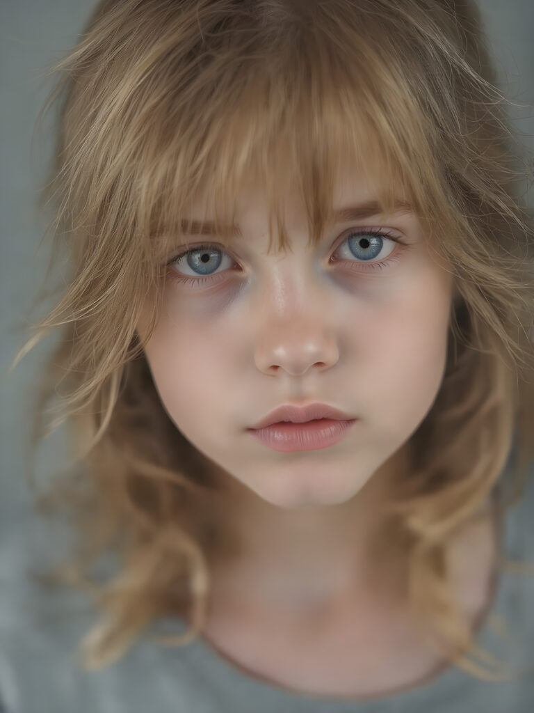 portrait shot, a innocent teen girl with a round face, tousled, frizzy long copper hair, full lips and deep blue eyes, super realistic face, grey backdrop