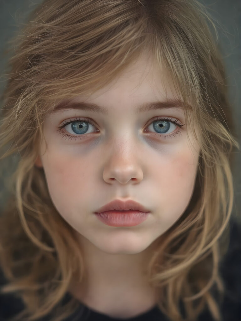 portrait shot, a innocent teen girl with a round face, tousled, frizzy long copper hair, full lips and deep blue eyes, super realistic face, grey backdrop