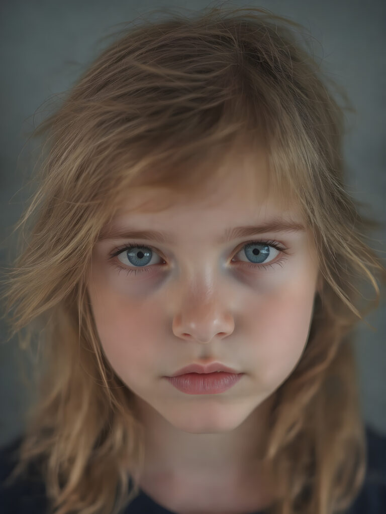 portrait shot, a innocent teen girl with a round face, tousled, frizzy long copper hair, full lips and deep blue eyes, super realistic face, grey backdrop