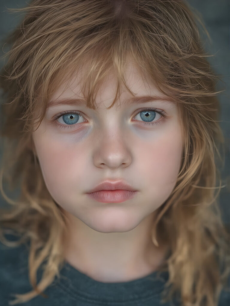 portrait shot, a innocent teen girl with a round face, tousled, frizzy long copper hair, full lips and deep blue eyes, super realistic face, grey backdrop