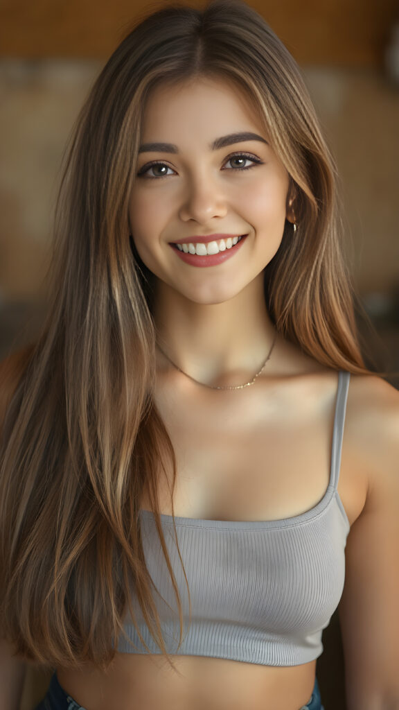 portrait, upper body, warm tones, cute well busty girl, stunning, gorgeous, she smile very happy and has long, straight soft light brown hair, cropped tank top