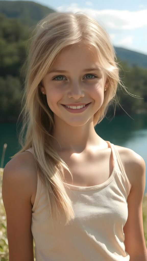 portrait, upper body, warm tones, a fantastic young girl, she is my daughter, 15 years old with long summer blond hair is standing in a sunny meadow. In the background is a deep blue lake, she is smiling, ((detailed and super realistic)), she wears a short plain tank top