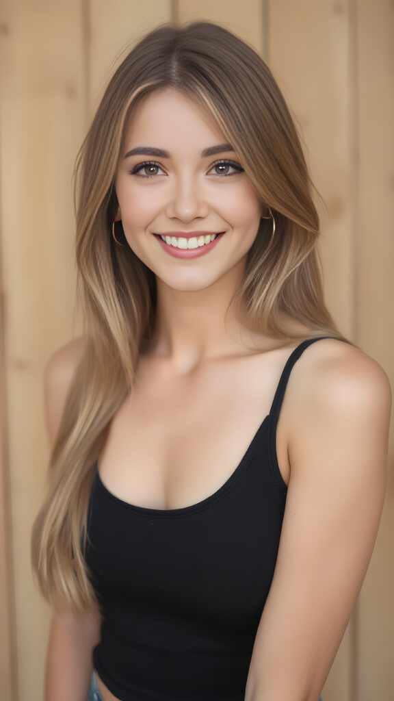 portrait, upper body, warm tones, cute well busty girl, stunning, gorgeous, she smile very happy and has long, straight soft light brown hair, cropped tank top