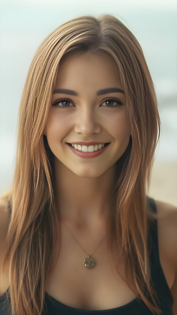 portrait, upper body, warm tones, cute well busty girl, stunning, gorgeous, she smile very happy and has long, straight soft light brown hair, cropped tank top