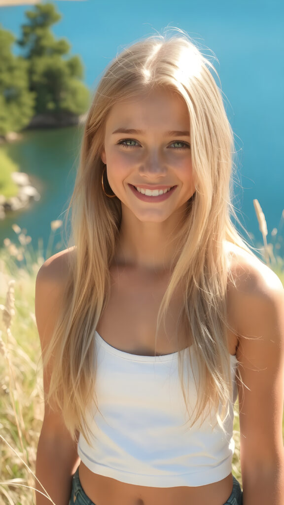 portrait, upper body, warm tones, a fantastic young girl, she is my daughter, 15 years old with long summer blond hair is standing in a sunny meadow. In the background is a deep blue lake, she is smiling, ((detailed and super realistic)), she wears a short plain tank top