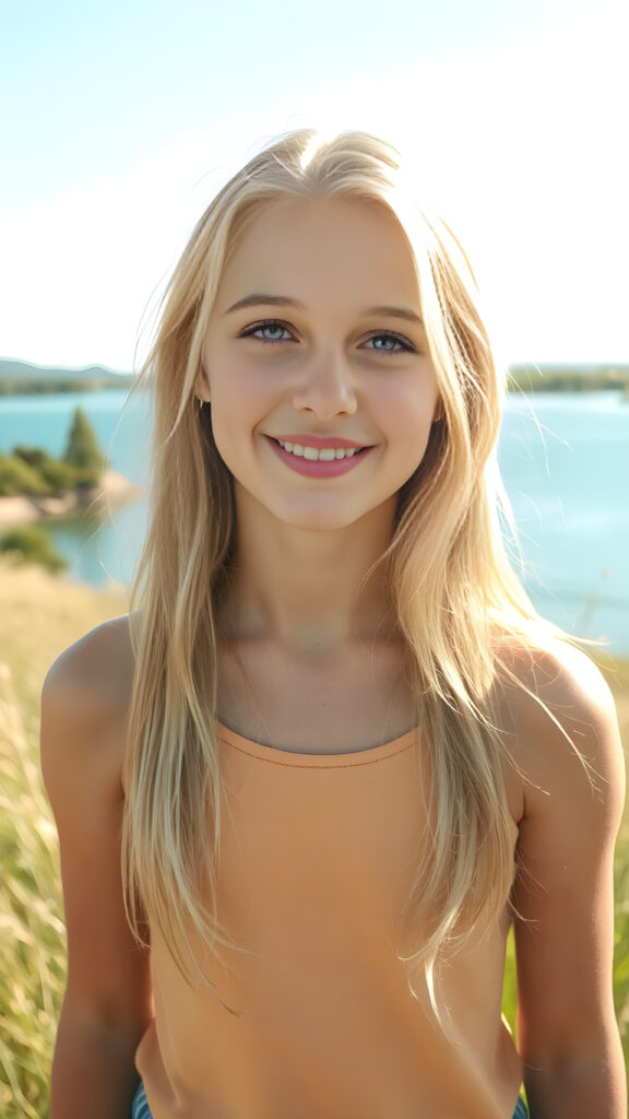 portrait, upper body, warm tones, a fantastic young girl, she is my daughter, 15 years old with long summer blond hair is standing in a sunny meadow. In the background is a deep blue lake, she is smiling, ((detailed and super realistic)), she wears a short plain tank top